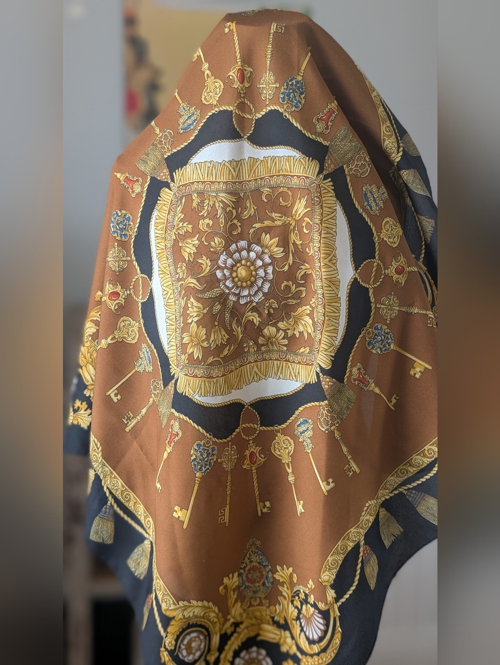 Castellani Vintage Elegant Black and Brown Baroque Print Silk Scarf - Picture 5 of 8